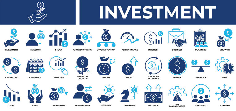 Investment icon set collection. Containing increase, review, loss, profit, improvement, performance, planning .Solid vector icons collection