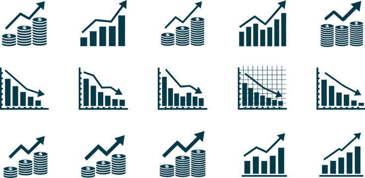 Business statistics and financial trends showing growth and loss charts on grid background.