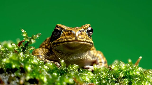 Close-Up Portrait Of A Frog Resting On Lush Moss With Vibrant Green Background Capturing Nature's Intricacies