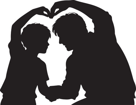 Father and child making a heart pose together, black silhouette
