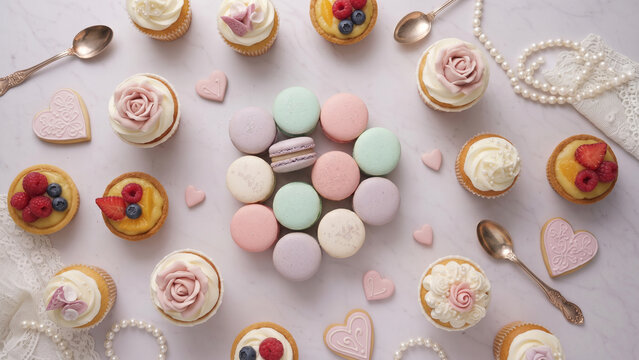 Flat lay of pastel sweets including macarons, decorated mini cupcakes, mini fruit tarts and iced cookies, lace and pearl accents, cute and elegant dessert background