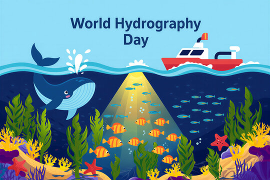 Colorful underwater illustration featuring a whale fish and boat for world hydrography day celebration scene