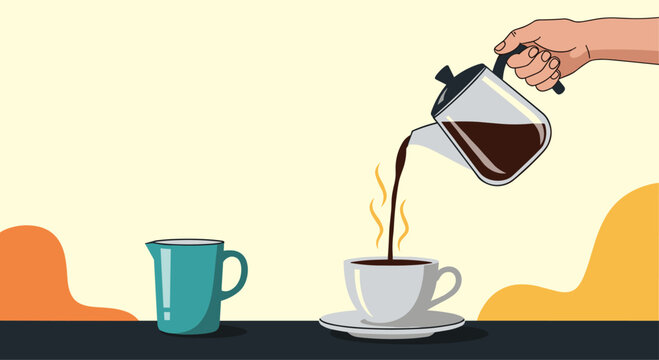 Hand pouring hot dark coffee from a glass pot into a white ceramic cup on a saucer with rising steam and a blue milk jug on the table.