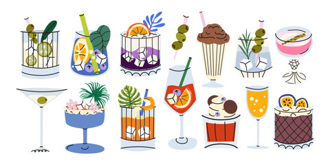Large set of alcoholic cocktail in glasses of different shapes in cartoon doodle style. Tropical summer drinks with ice cubes, straws, citrus slices, passion fruit, olives © luamor