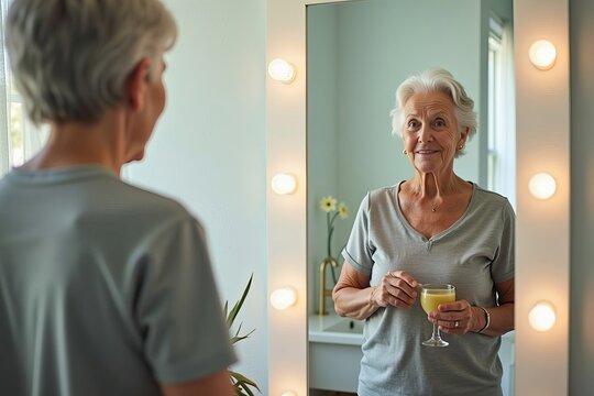An elderly woman evaluates her dietary choices and weight loss results in front of a mirror.