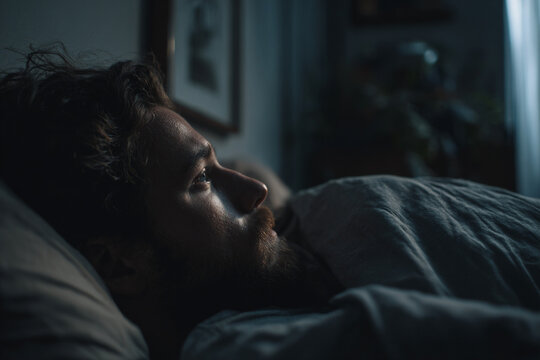 Insomnia due to anxiety and overthinking, man lying awake in bed with open eyes in bedroom at home