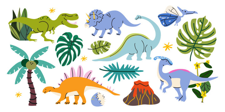 Jurassic period dinosaurs of different types. Cute cartoon dinosaur collection featuring tyrannosaurus, triceratops, brachiosaurus, tropical leaves and a volcano