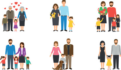 Fototapeta premium Family Illustrations Featuring Parents, Children, and Pets in Various Poses and Situations for Family and Parenting Themes