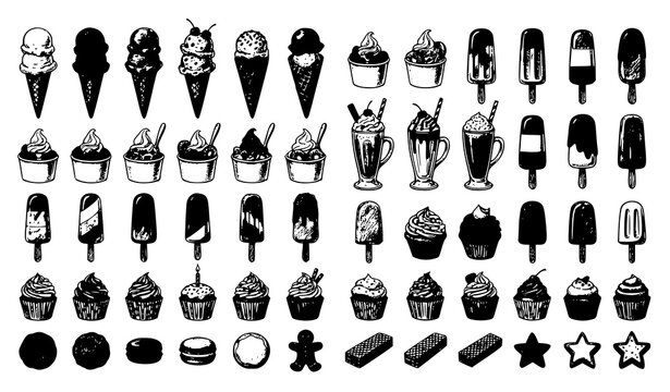 Vintage hand drawn ice cream dessert vector set with cones milkshakes cupcakes cookies and frozen yogurt illustrations