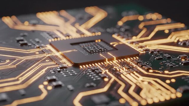 Cybersecurity action glowing circuit microchip motherboard electronic circuitry conductor solder protecting microprocessor with illuminated traces
