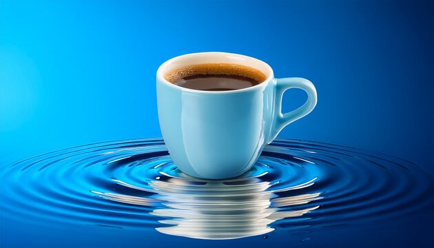 ceramic coffee cup full on a solid blue background liquid ring reflection