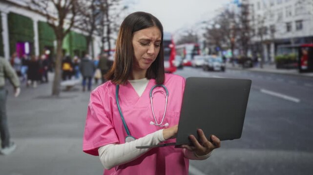 Woman nurse in pink scrubs holds laptop, stethoscope visible, makes l sign to forehead and frowns on a busy street; professional frustration.