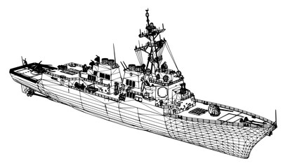 3D polygonal warship wireframe vector with mesh structure naval vessel perspective © MSTSUFIA