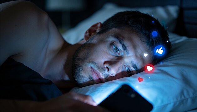 Anxious man lying awake in bed overwhelmed by social media notifications at night.