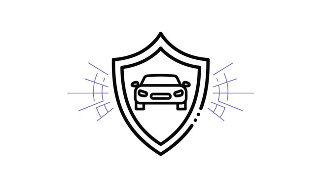 Simple black line icon of a car positioned inside a shield representing vehicle insurance and automotive security.
