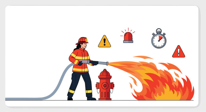 Brave female firefighter using a water hose to extinguish flames next to a fire hydrant and safety warning icons.