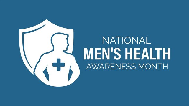 Animation created to  Men&rsquo;s Health Awareness Month. Clean flat animation of male health protection concept featuring shield and human figure, representing awareness, safety, and medical support .