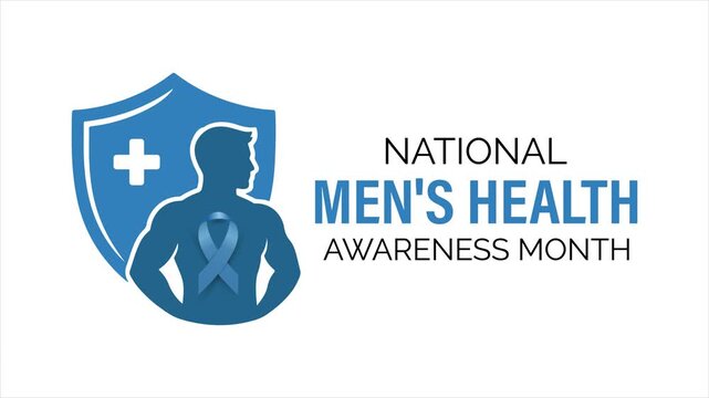 Animation created to  Men&rsquo;s Health Awareness Month. Clean flat animation of male health protection concept featuring shield and human figure, representing awareness, safety, and medical support .