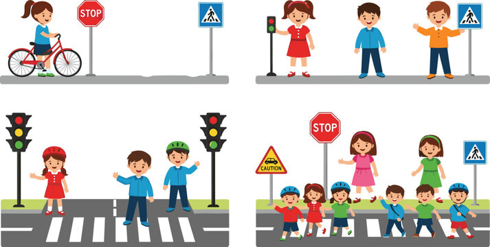 Children Traffic Safety Vector Set with Pedestrian Crossings, Stop Signs, Traffic Lights, Bicycle Safety, and Urban Road Education