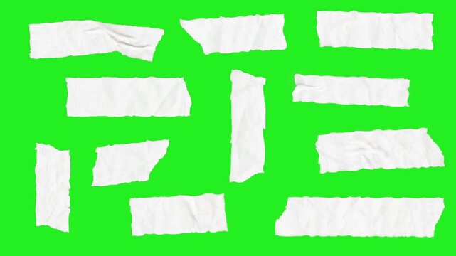 White ripped paper strip set with crumpled texture on a bright green screen, designed for editable templates, notes, and handmade graphic scenes