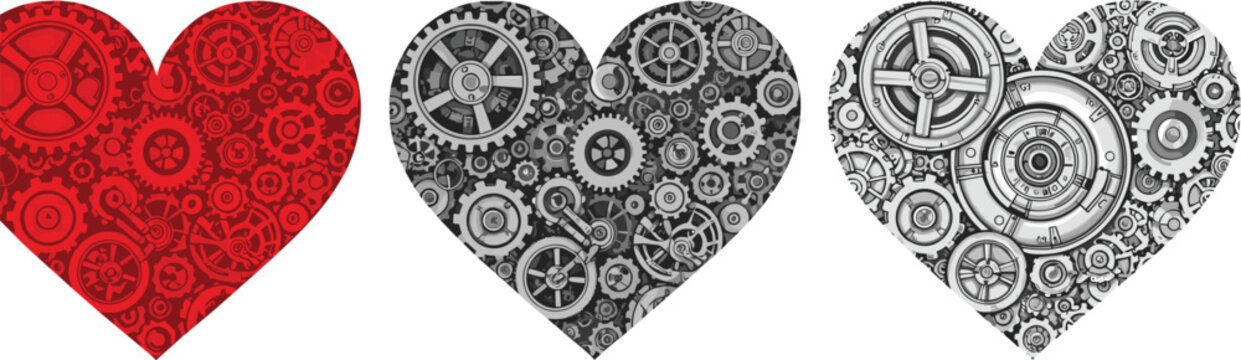 Heart Shapes Vector Set with Mechanical Gear and Cog Designs, Industrial Style, Steampunk Love, Technology, and Engineering Illustration