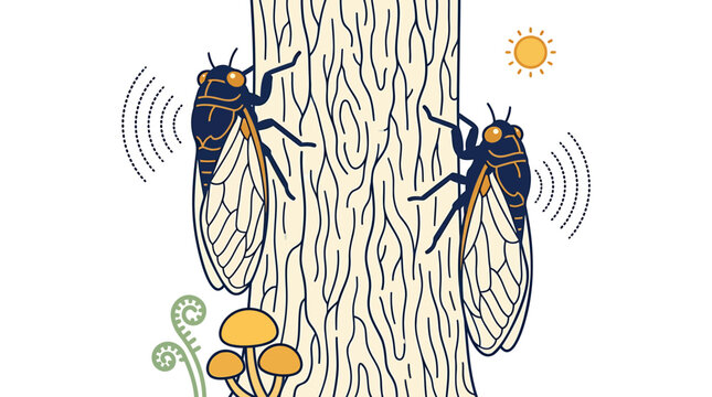 Cicadas on tree, insect illustration, summer bugs, wildlife scene, vector graphics
