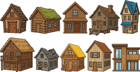Wooden House Illustration Set Featuring Rustic Cabins, Village Homes and Modern Cottage Buildings in Cartoon Vector Style for Architecture and Real Estate Design © Priyanka
