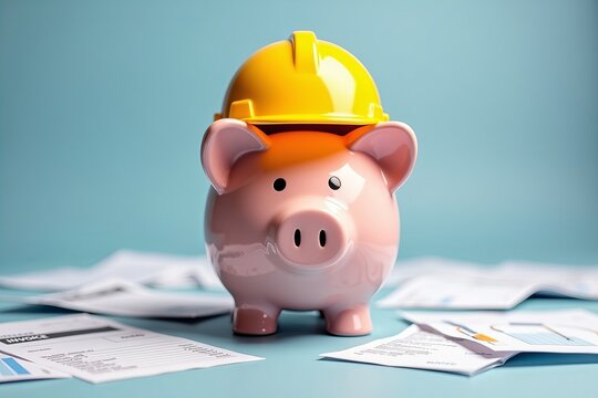 Piggy Bank in a Construction Hat Surrounded by Financial Records