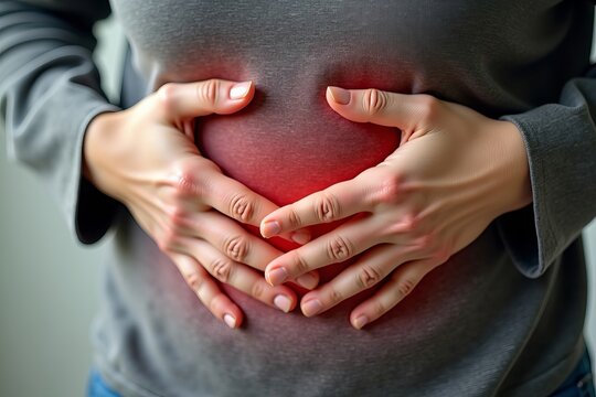 Close-Up Shot of Person Grimacing in Pain from Heartburn and Indigestion After Eating Unhealthy Fast Food