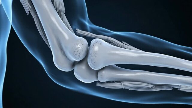 3d animation of human elbow joint rotation, medical anatomy, x-ray style 3d elbow joint human anatomy