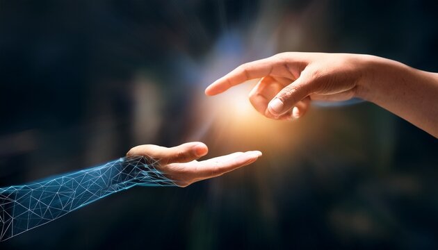 hands reaching toward each other representing connection and creation in dim light with a focus on details