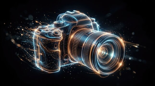 Digital slr camera with neon light effects on black background