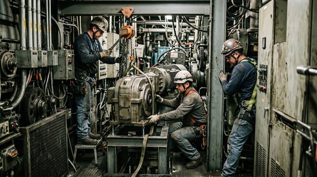 Compact space speed changer setup where technicians efficiently maneuver and install equipment in a tight confined area highlighting problemsolving and spatial coordination.