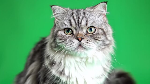 Closeup portrait of a fluffy Persian cat with striking green eyes against a vibrant green background.