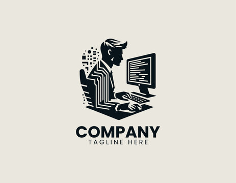Programmer working on computer with code screen silhouette vector logo isolated on white background