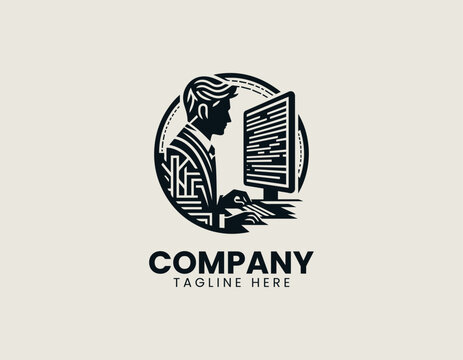 Programmer working on computer with code screen silhouette vector logo isolated on white background
