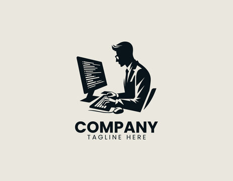 Programmer working on computer with code screen silhouette vector logo isolated on white background