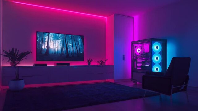 Modern gaming room setup with neon pink purple lighting large TV gaming PC RGB lights sofa and chair