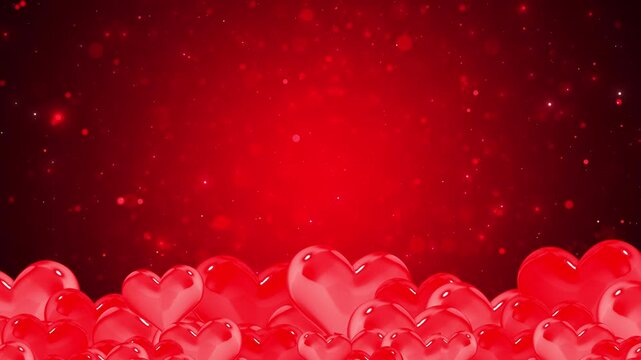 Crimson love hearts backdrop glossy red shapes, particle lights, dreamy bokeh, open upper space. romantic intros, Valentine cards, wedding films, social posts, couple videos, proposal , motion loops.