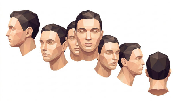 Low poly human head vector illustration multiple angles polygon facial structure design
