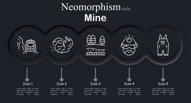 Mine set icon. Mining locomotive tunnel transport, coal extraction hand flame, forest surface layer geology, miner helmet lamp, protective overalls uniform, underground industry