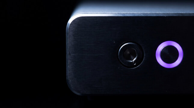 Brushed‑Steel HSM with Violet Status Ring &ndash; Encryption Shell Macro &ndash; Hardware Security Module &ndash; Low‑Key Depth Rim Light