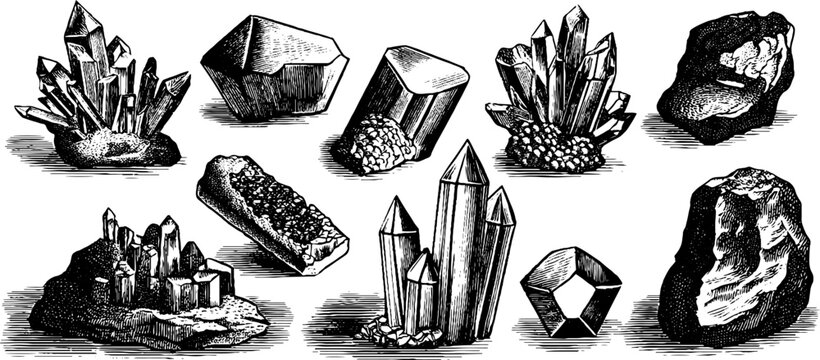 Crystal and mineral specimens arranged on white background