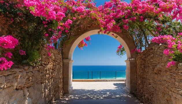 a beautiful archway adorned with vibrant pink bougainvillea flowers leading to a stunning view of the sea under a clear blue sky