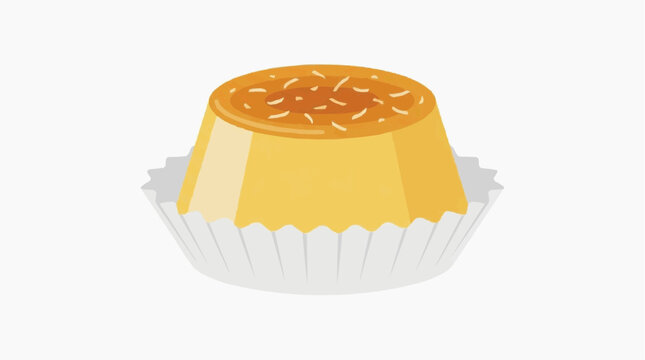 Traditional Brazilian quindim served in a paper cupcake liner, featuring a glossy texture and a sweet, appetizing appearance.