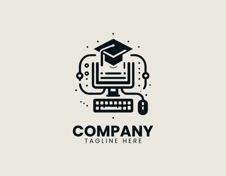 Online learning concept with graduation cap and computer elements vector logo