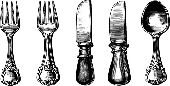 Ornate cutlery set displayed on plain white background