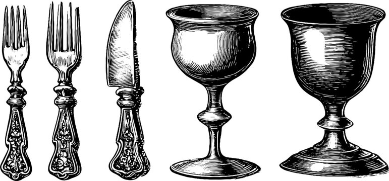 Ornate forks knives and goblets displayed on white background