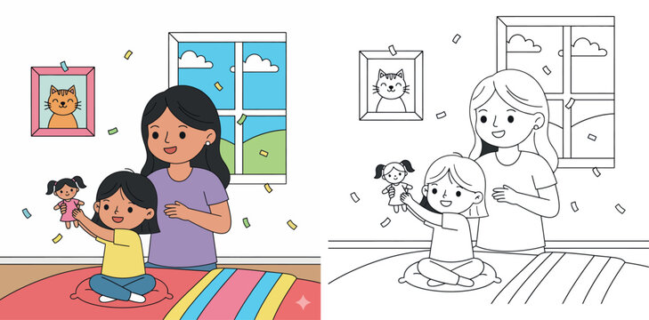 Happy Mother and Daughter Playing with a Doll in a Bright Bedroom. Heartwarming Cartoon Illustration of Family Bonding and Childhood Joy at Home for Kids and Educational Content.