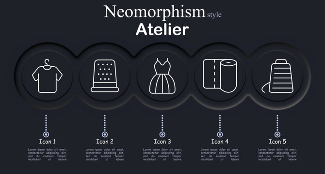 Atelier set icon. Neomorphic dark interface circles with line symbols of clothing hanger shirt, sewing thimble tool, dress garment shape, fabric roll textile, thread spool cone